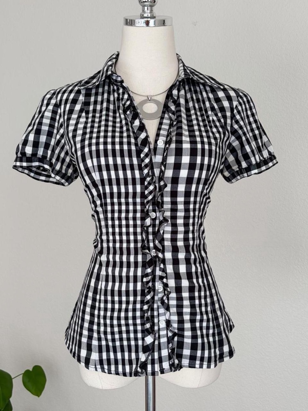 In Vain Black & White Gingham Ruffle Button-Front Women's Top